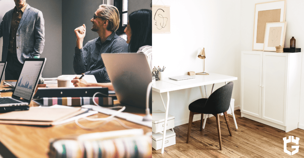 typical home setting on one side and a business-related scenario