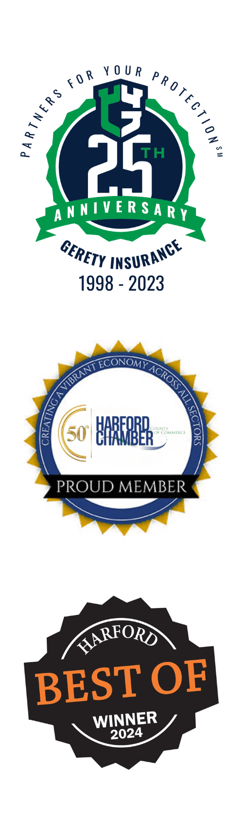 Logos and badges from Gerety's 25th Anniversary, Harford County Chamber's 50th Anniversary, and 2024's Best of Harford